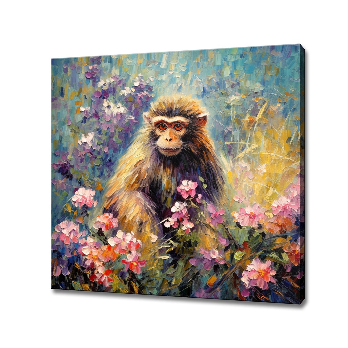 Cute Shaggy Monkey Sitting Among Pink Blossoms Oil Painting Poster