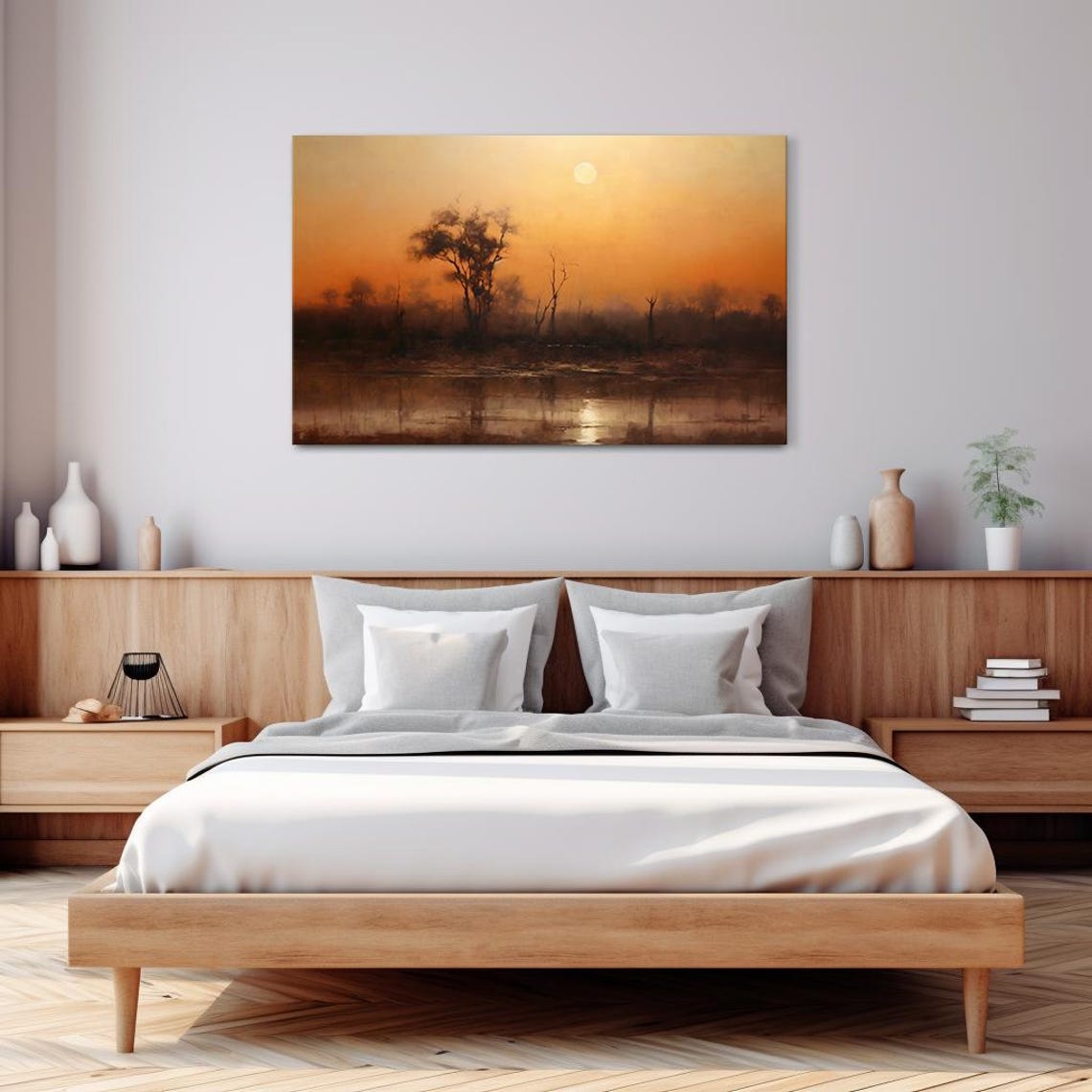 Sunset Over Wetland Silhouette Trees Golden Haze Vintage Poster - Image 3