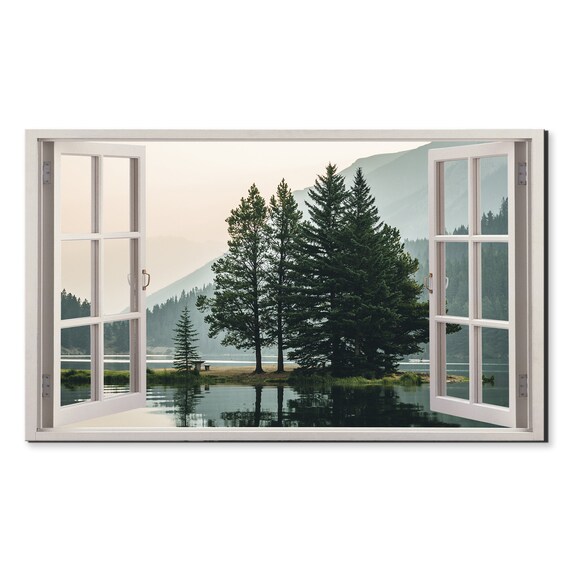 Green Cedar Trees On The Lake Window View Window Frame Style Modern Design Home Decor Print Wall Art Picture Ready To Hang