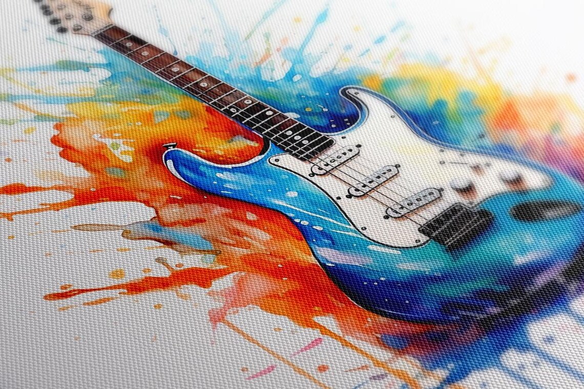 Blue Electric Guitar Watercolor Splash Colorful Music Instrument Poster - Image 3