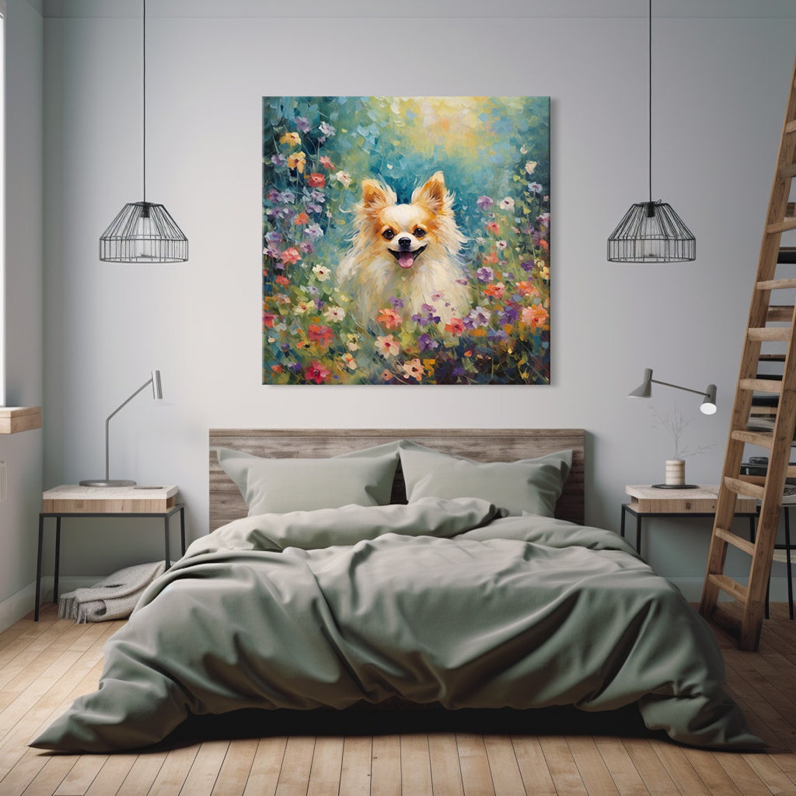 Cute Chihuahua In Flowers Field Print Gift For Chihuahua Dog Lover Colourful Dog Portrait Painting Print Dog Pet Wall Art - Image 2