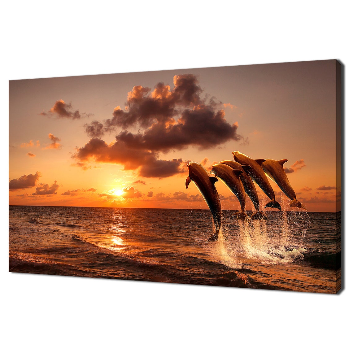 Dolphins Leaping At Sunset Ocean Waves Golden Seascape Wall Art Poster