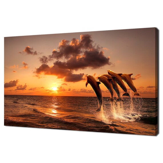 Dolphins Leaping At Sunset Ocean Waves Golden Seascape Wall Art Poster