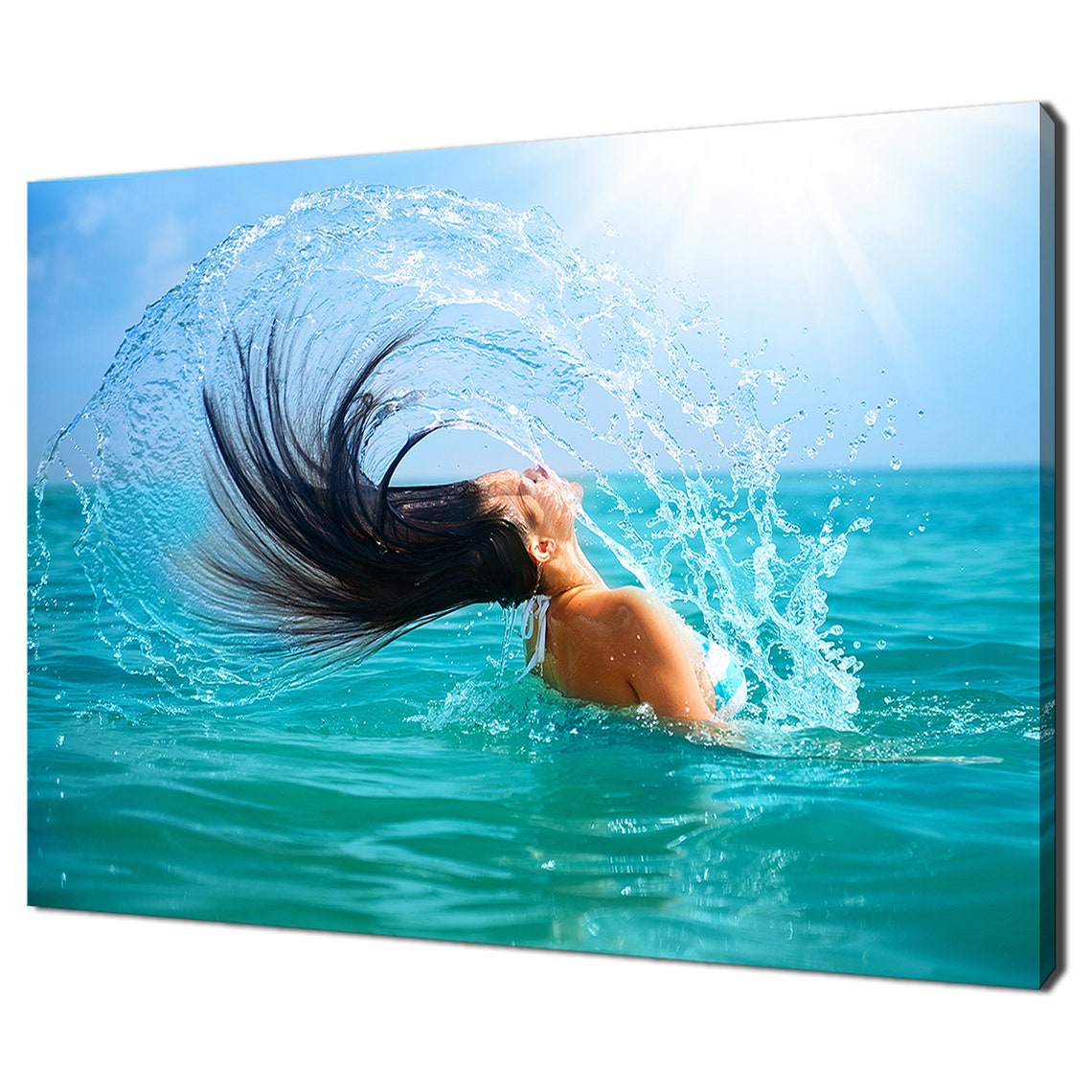 Woman Splashing Water With Hair In Turquoise Ocean Summer Art Poster