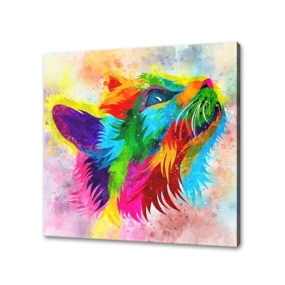 Colourful Cat Head Profile Rainbow Watercolour Splash Wall Art