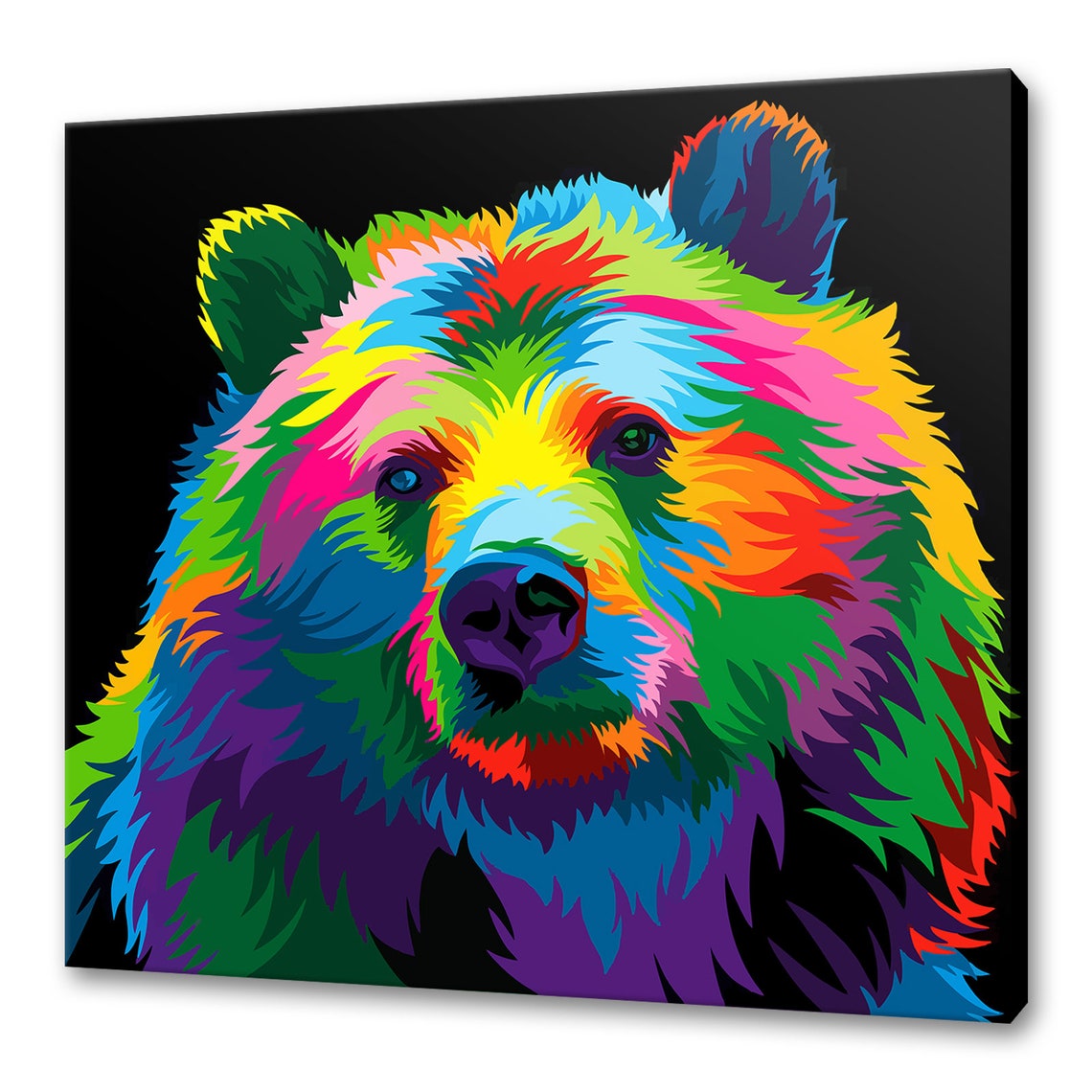 Colorful Neon Bear Face Front View Black Background Animal Poster