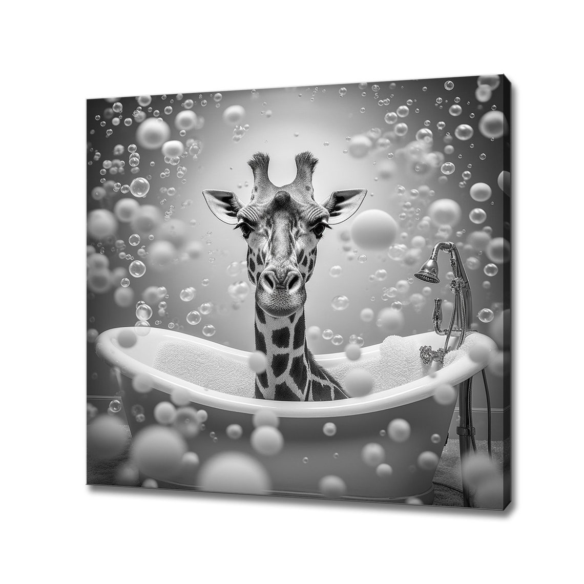 Giraffe Soaking In A Bubble Bath Black And White Nursery Art Print