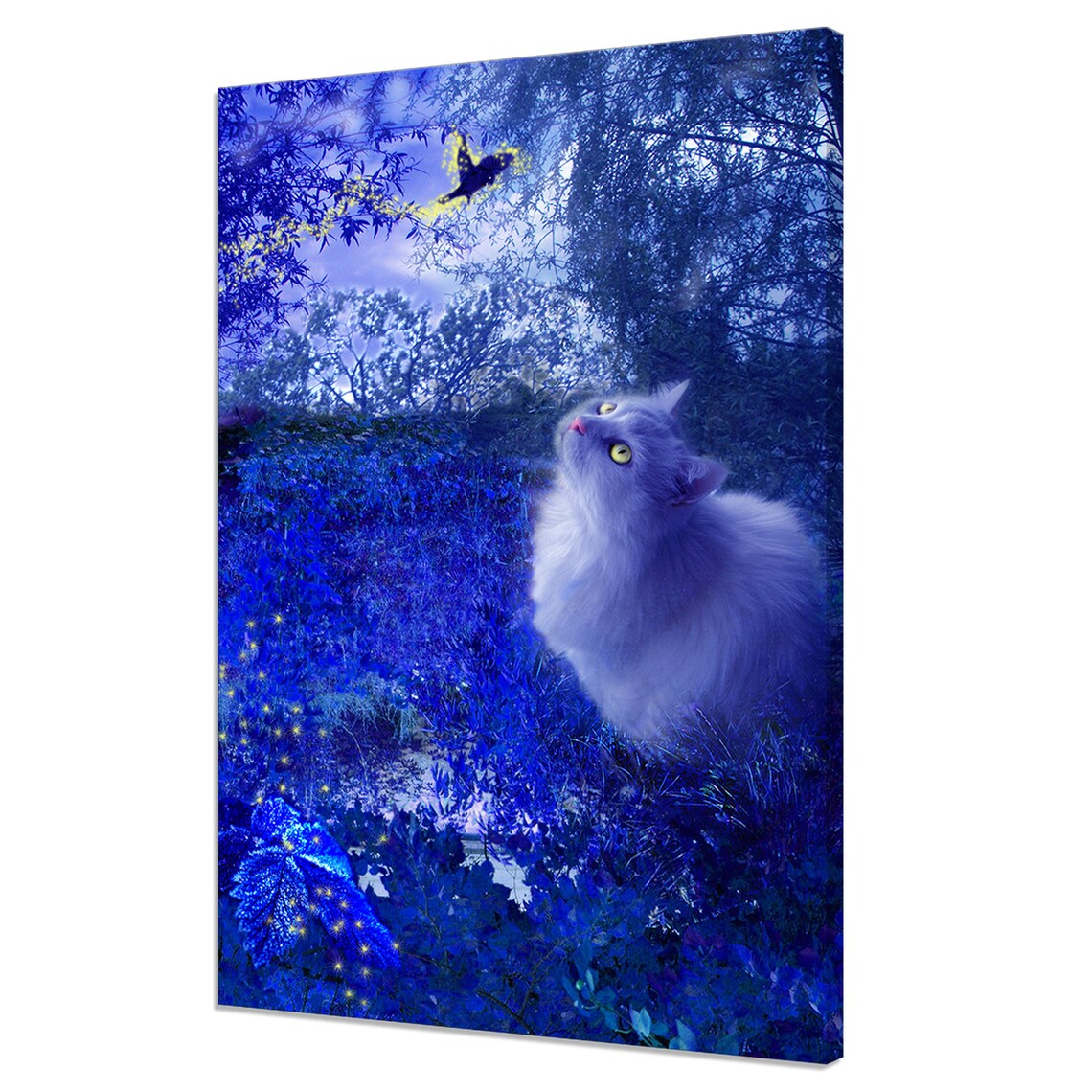 Magical White Cat And Fairy Bird Night Art Print