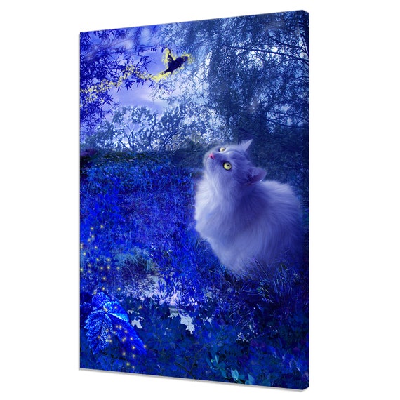 Magical White Cat And Fairy Bird Night Art Print