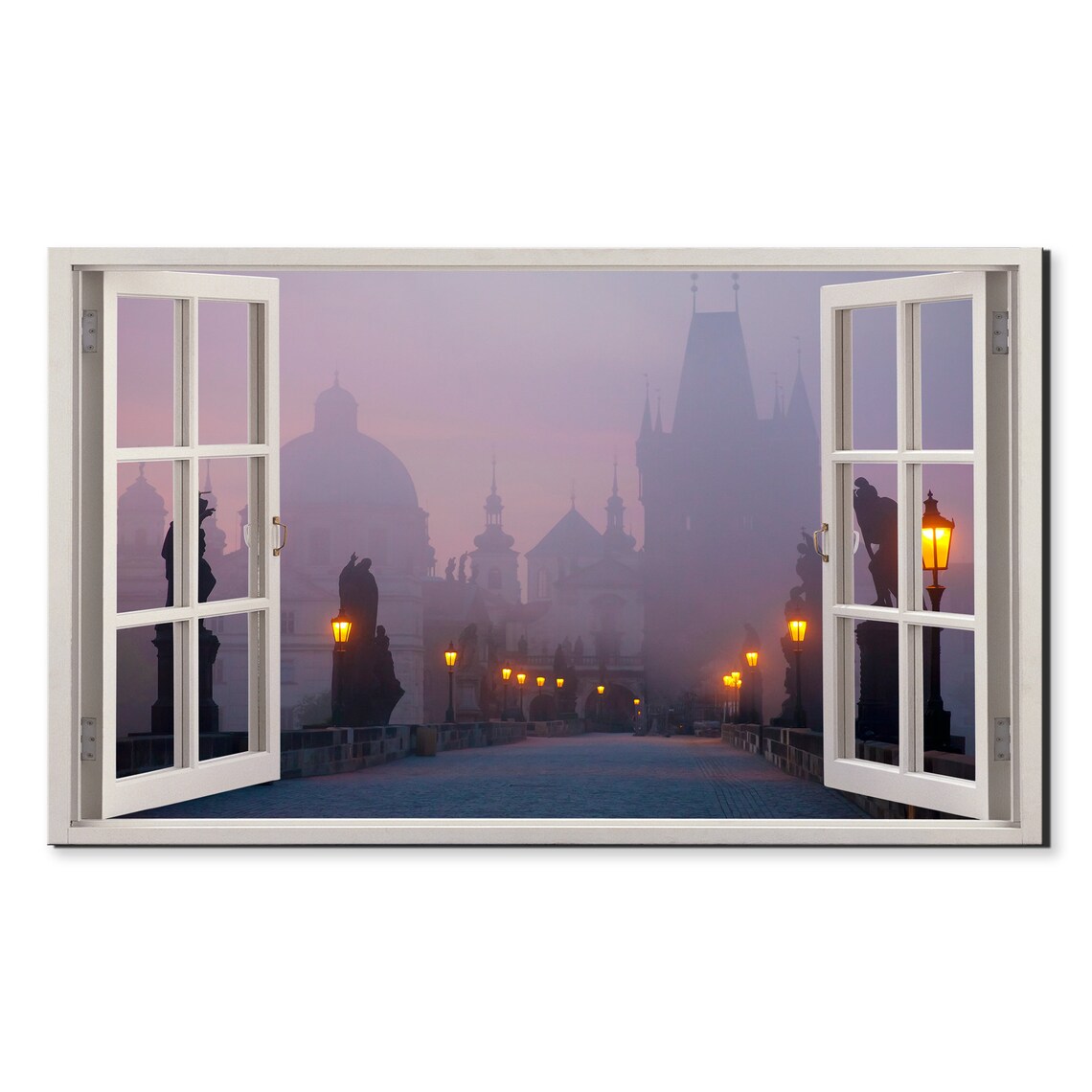Open Window View Charles Bridge Prague In Morning Fog City Poster