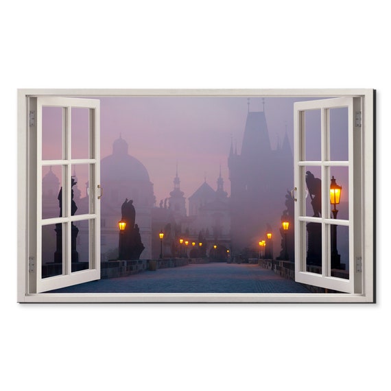 Charles Bridge In The Morning Fog Window View Window Frame Style Modern Design Home Decor Print Wall Art Picture Ready To Hang