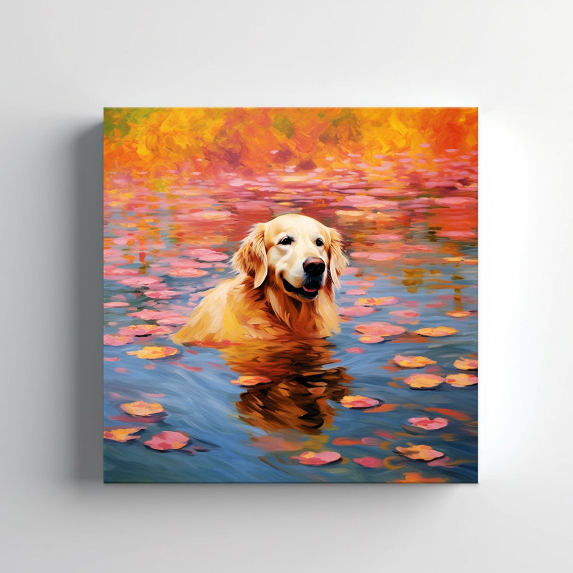Golden Retriever Dog In The Pond Print Gift For Golden Retriever Dog Lover Colourful Dog Portrait Painting Print Dog Pet Wall Art - Image 3