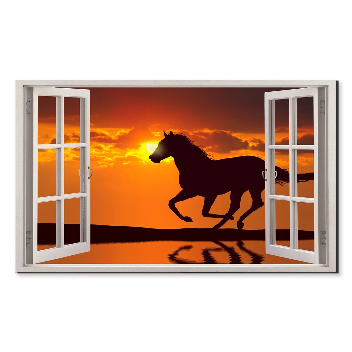 Galloping Horse Silhouette At Sunset Open Window Frame View Print