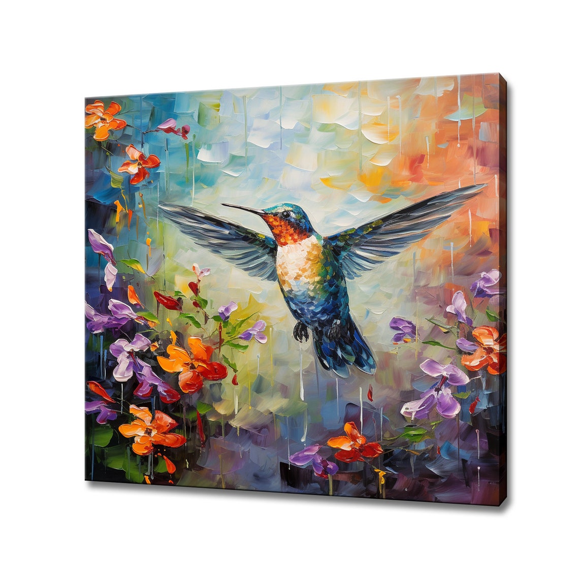 Hummingbird In Flight Among Wildflowers Vibrant Impasto Art Poster