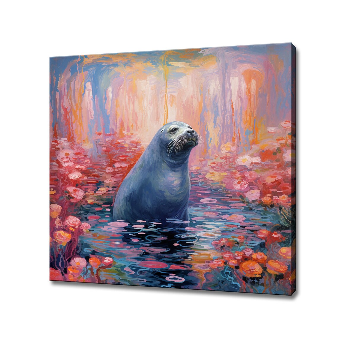 Seal In The Water Pink Flowers Print Gift For Seal Lover Seal Colourful Portrait Painting Print Seal Kids Room Wall Art