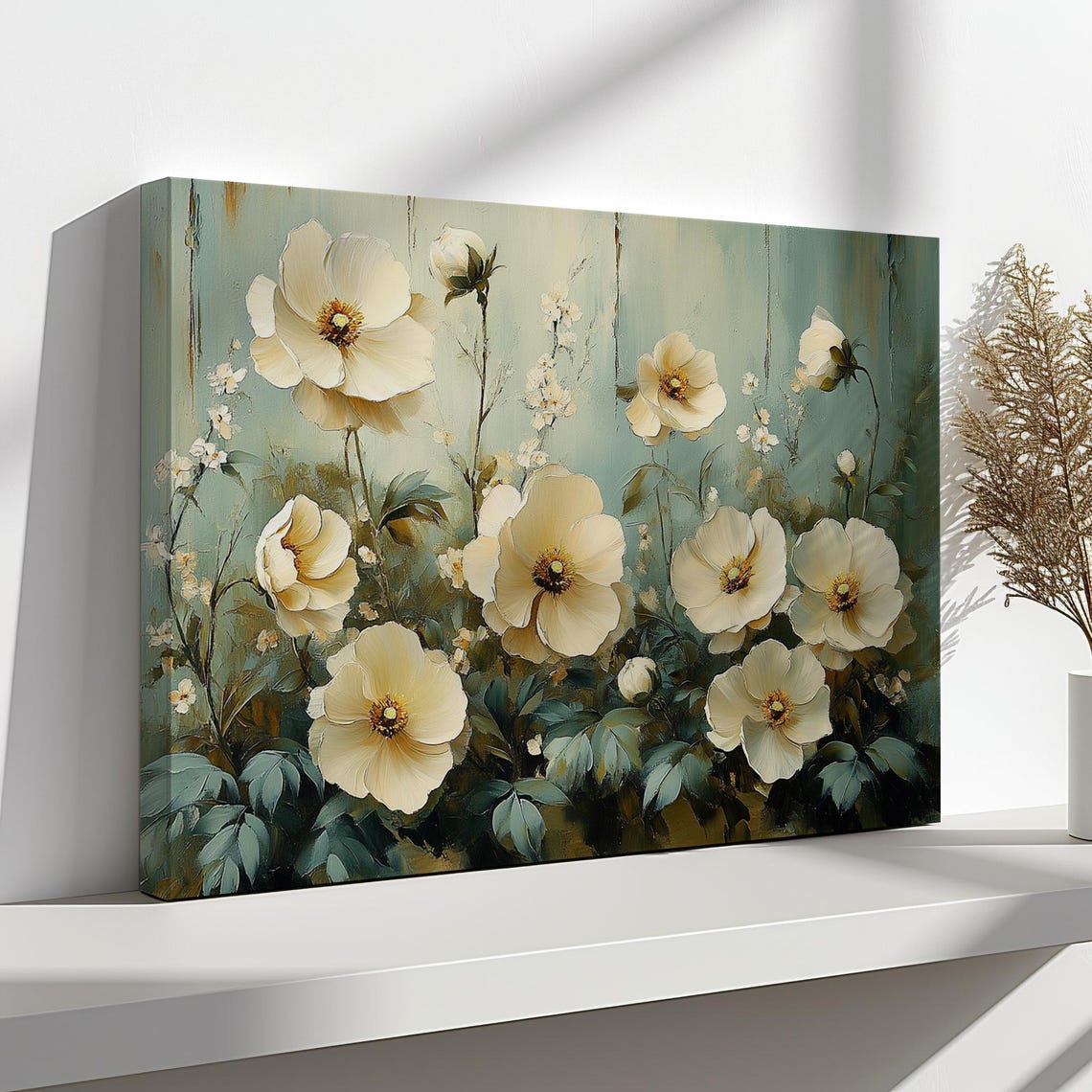 White Wildflowers Golden Centers Soft Teal Vintage Botanical Poster - Image 4