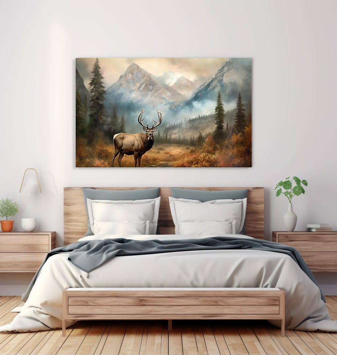 Bull Elk In Misty Autumn Valley Mountain Backdrop Vintage Art Poster - Image 4