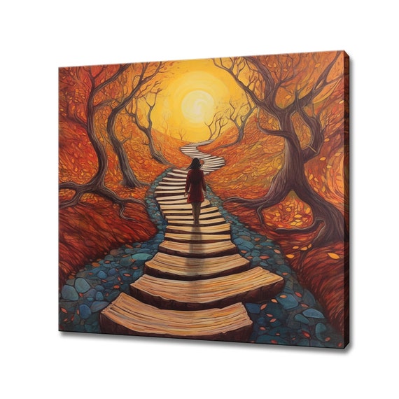 Woman Walks Towards The Sun Abstract Psychedelic Painting Style Print Colourful Fantasy Retro Design Landscape Print Surreal Sunset