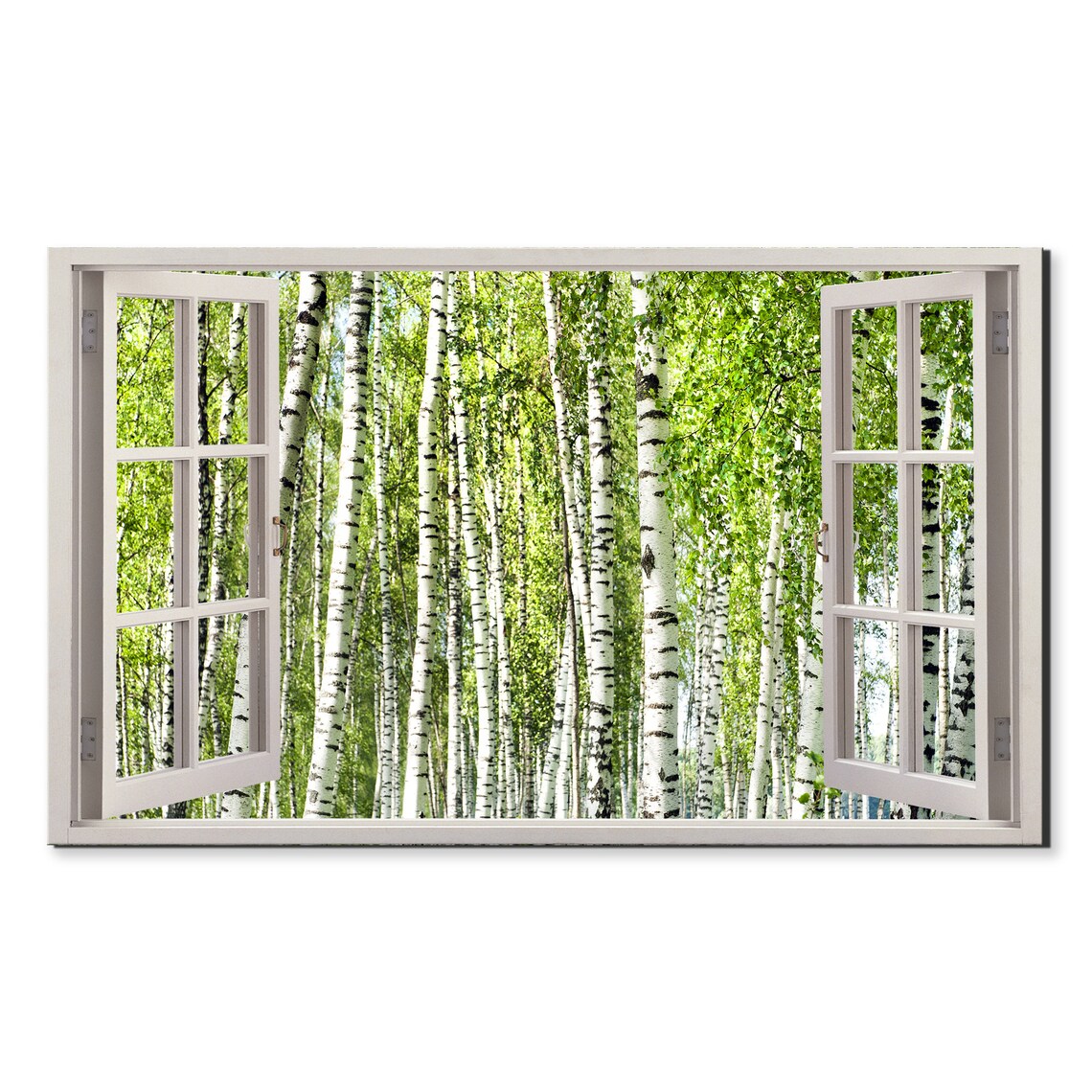 Green White Birch Forest Trees Window View Window Frame Style Modern Design Home Decor Print Wall Art Picture Ready To Hang