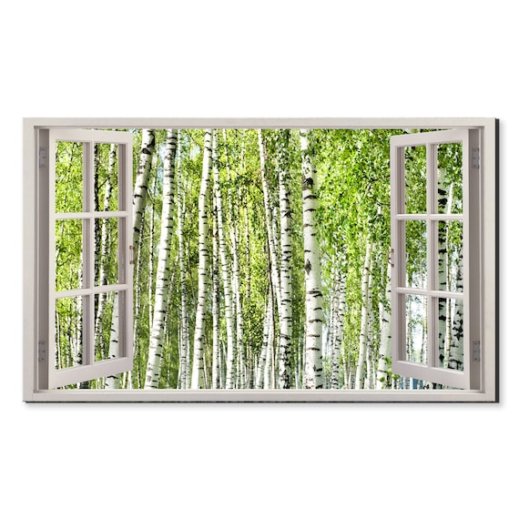 Green White Birch Forest Trees Window View Window Frame Style Modern Design Home Decor Print Wall Art Picture Ready To Hang