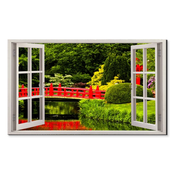 Red Bridge In Japanese Garden Window View Window Frame Style Modern Design Home Decor Print Wall Art Picture Ready To Hang