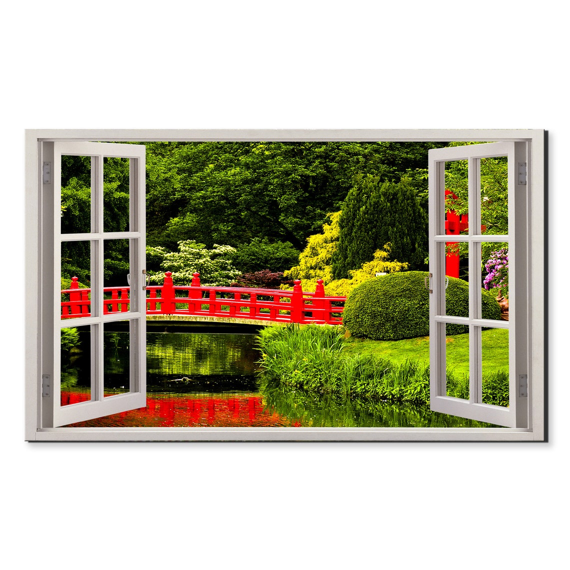 Japanese Garden Red Bridge Pond Faux Window View Wall Art Poster
