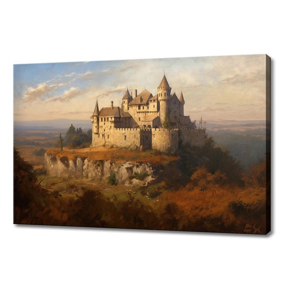 Vintage Medieval Castle On The Hill Vintage Landscape Painting Style Print Farmhouse Decor Art Picture Wall Hanging Fine Art Print