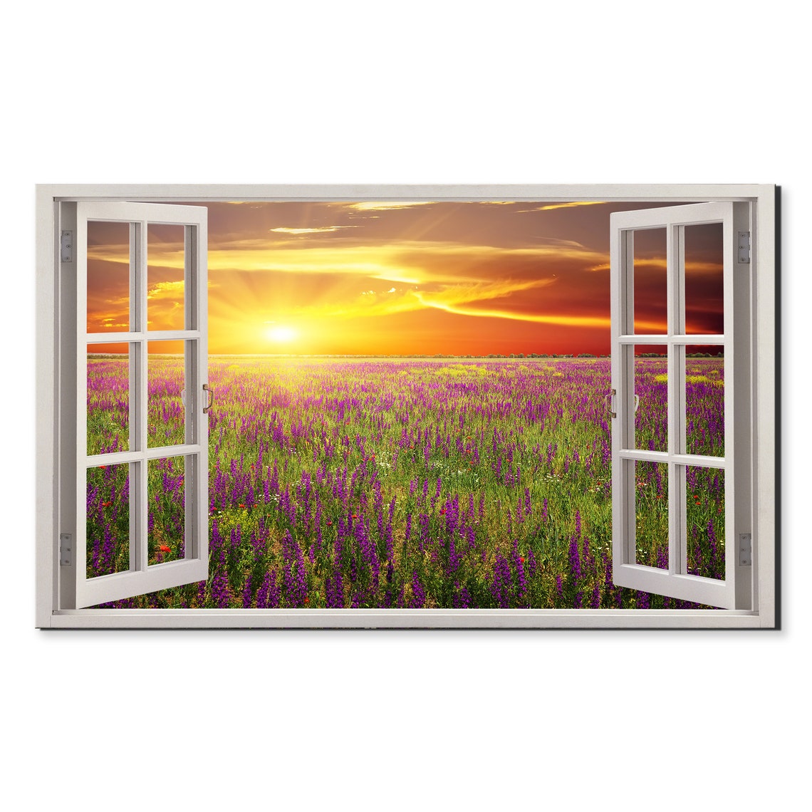 Purple Wildflower Field Sunset Meadow Open Window View Poster