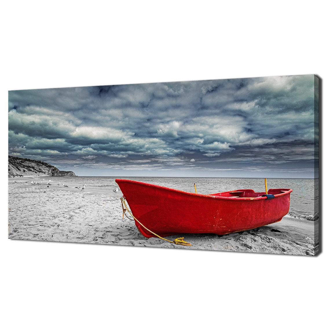 Red Boat On Beach Under Stormy Sky Dramatic Coastal Art Poster