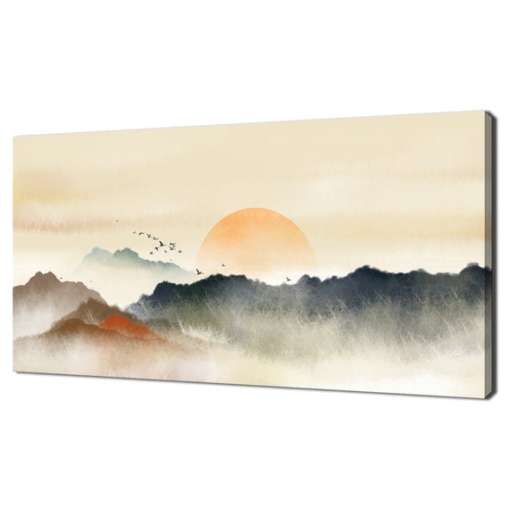 Oriental Ink Painting Of Sunset Over Muntains Modern Design Decor Print Wall Art Picture