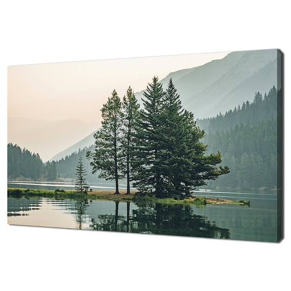 Green Cedar Trees With Reflection In The Lake Calm Modern Design Print Wall Art Picture