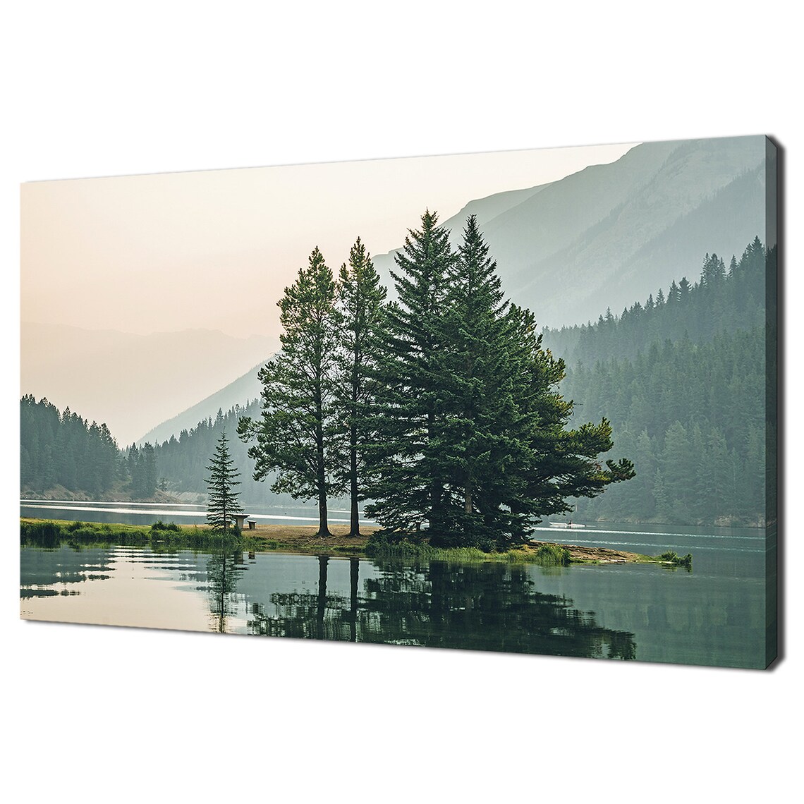 Green Cedar Trees With Reflection In The Lake Calm Modern Design Print Wall Art Picture
