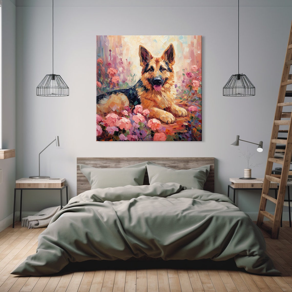 German Shepherd Puppy Lying Among Pink Flowers Painting Poster - Image 2