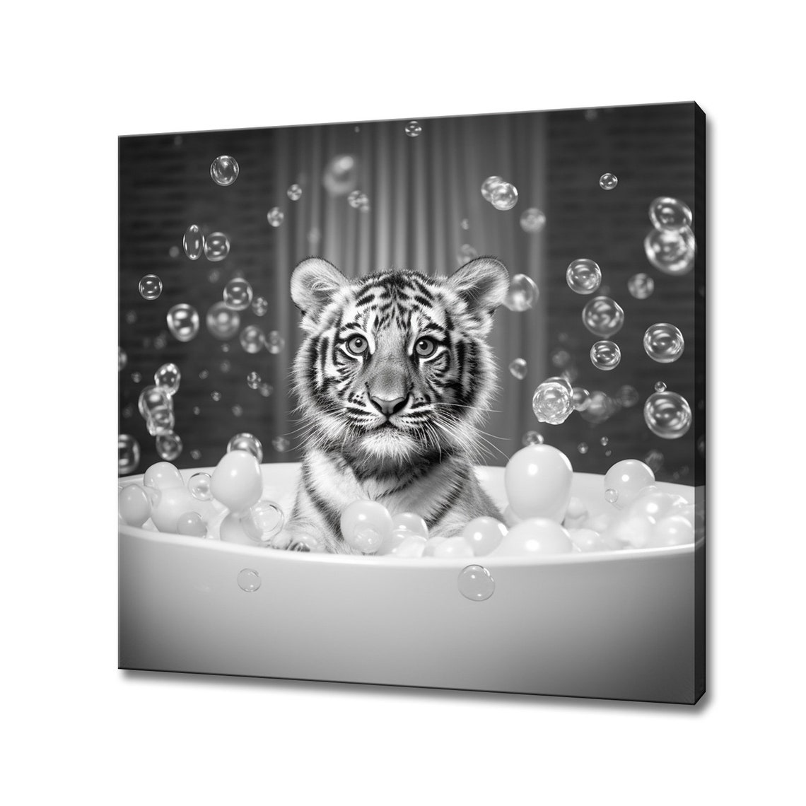 Cute Tiger Cub In A Bubble Bath Black And White Nursery Wall Art