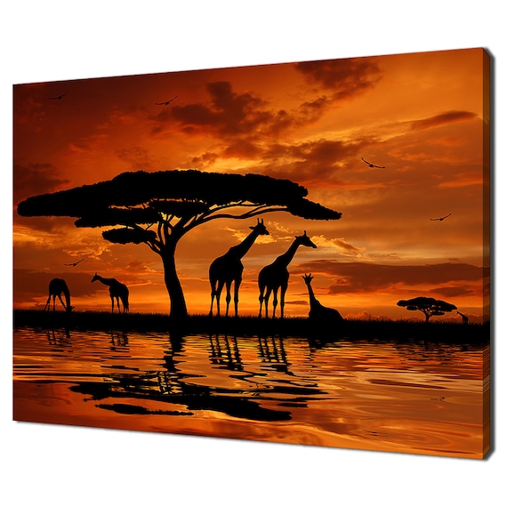 Giraffe Herd Silhouette Sunset Acacia Tree African Savanna Poster