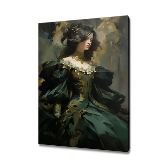 Elegant Lady In Green Gold Victorian Baroque Puffy Dress Painting Style Print Modern Home Decor Fashion Wall Art Gift For Her