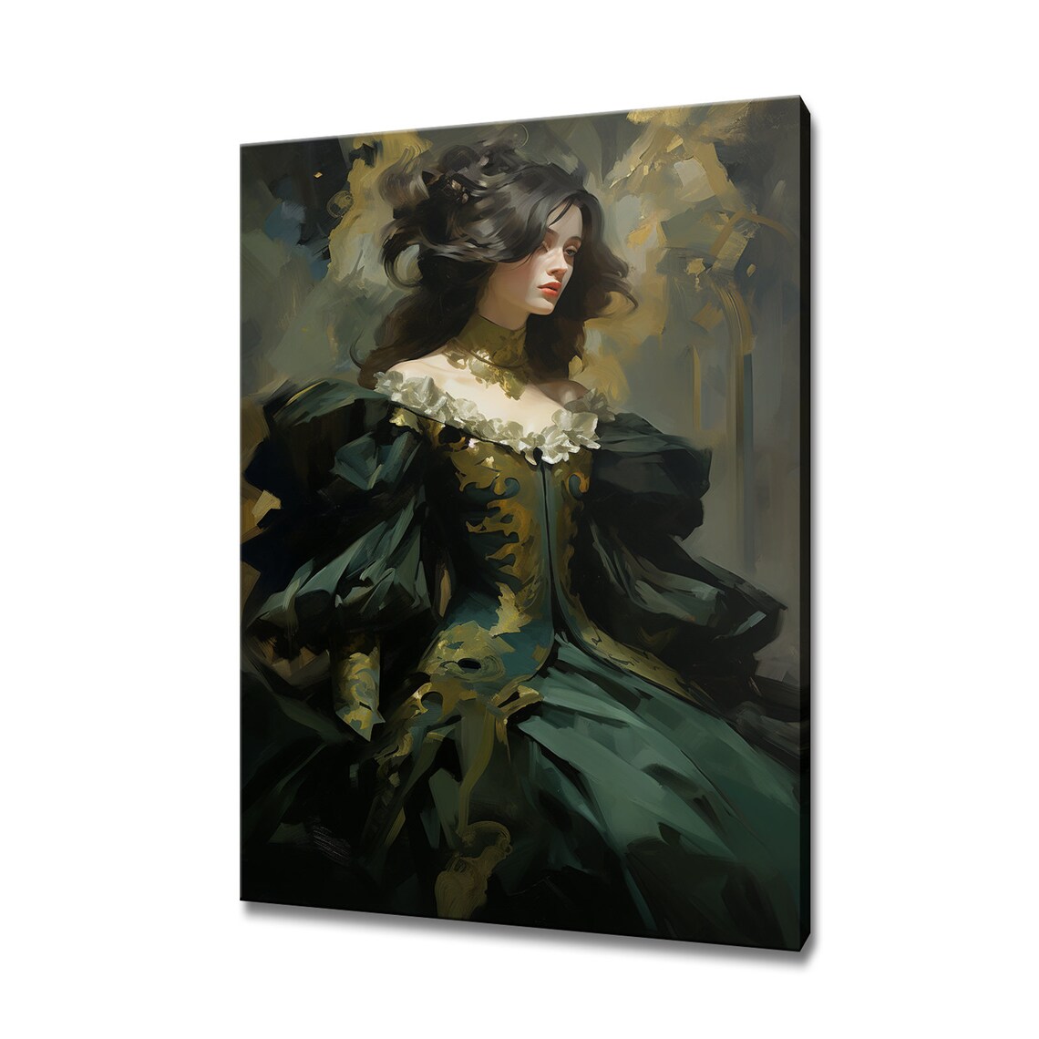Elegant Lady in Green Gold Victorian Gown Regal Beauty Painting Poster