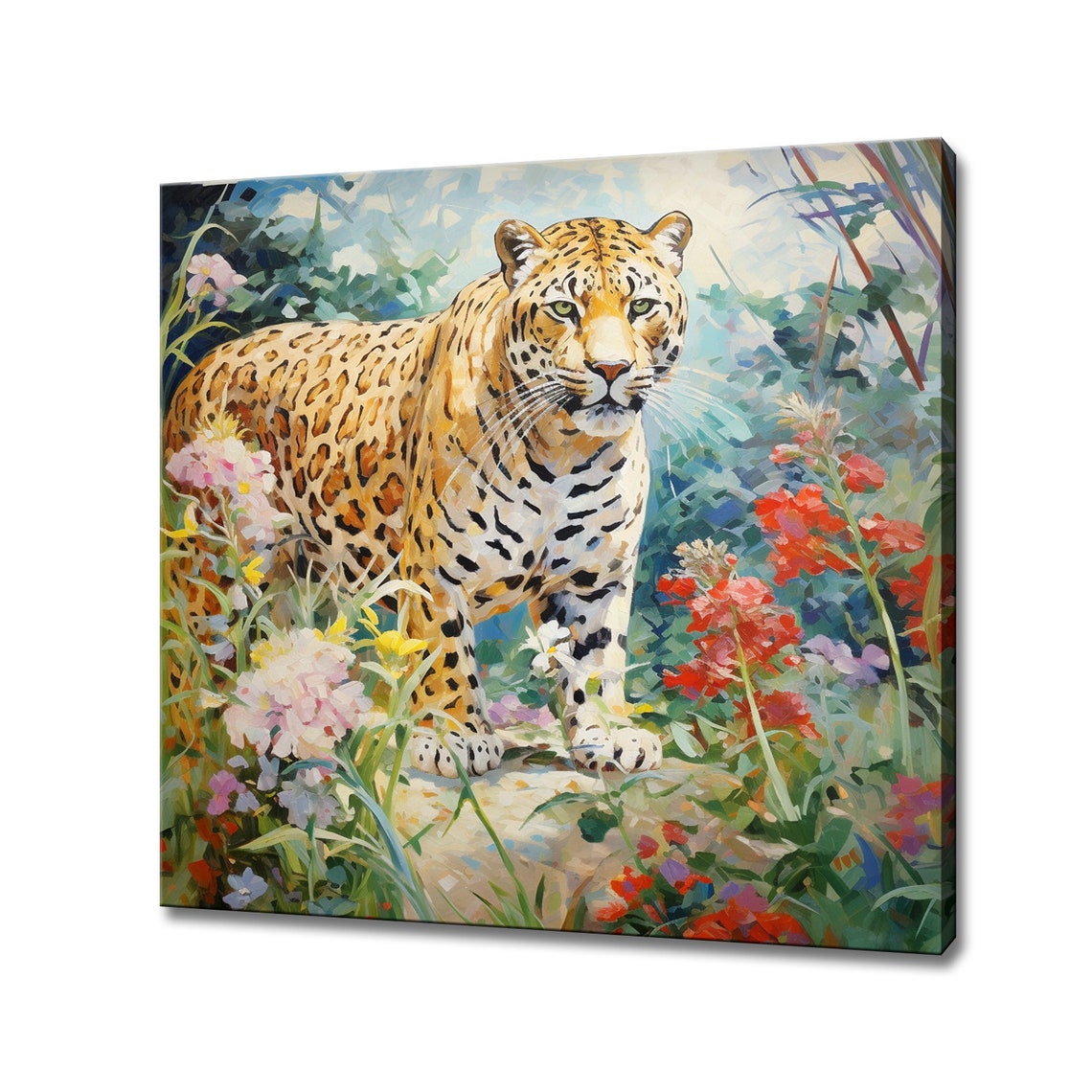 Leopard Jungle Wildflowers Standing Portrait Colourful Art Print