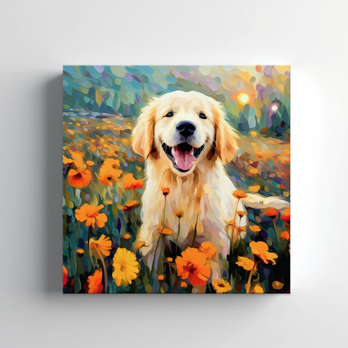 Golden Retriever Puppy In Flowers Field Print Gift For Dog Lover Colourful Dog Portrait Painting Print Dog Pet Wall Art - Image 3