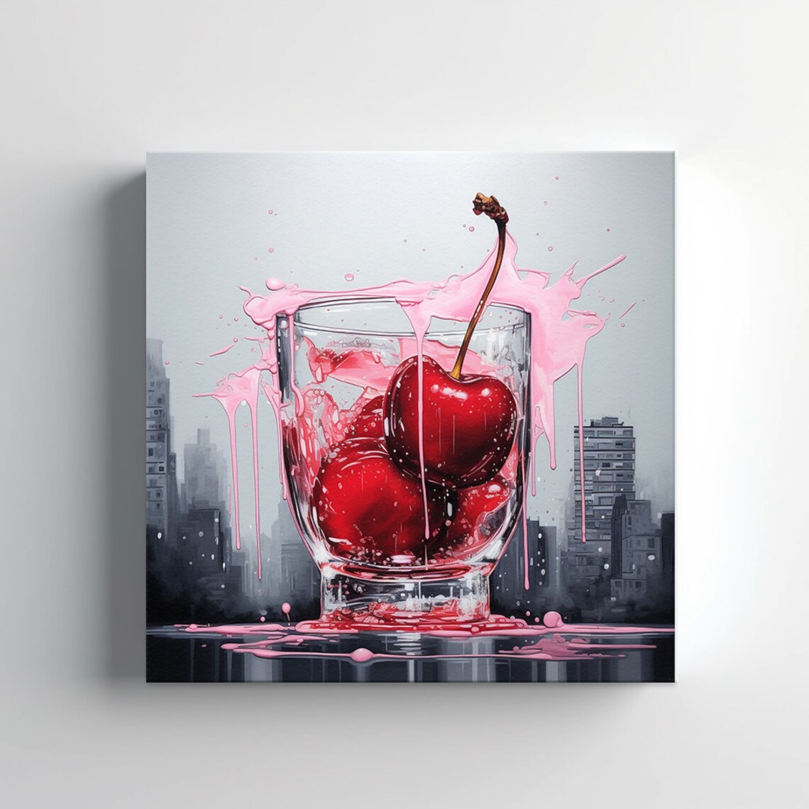 Cherry Cocktail Splash City Skyline Bar Watercolor Art Print - Image 3