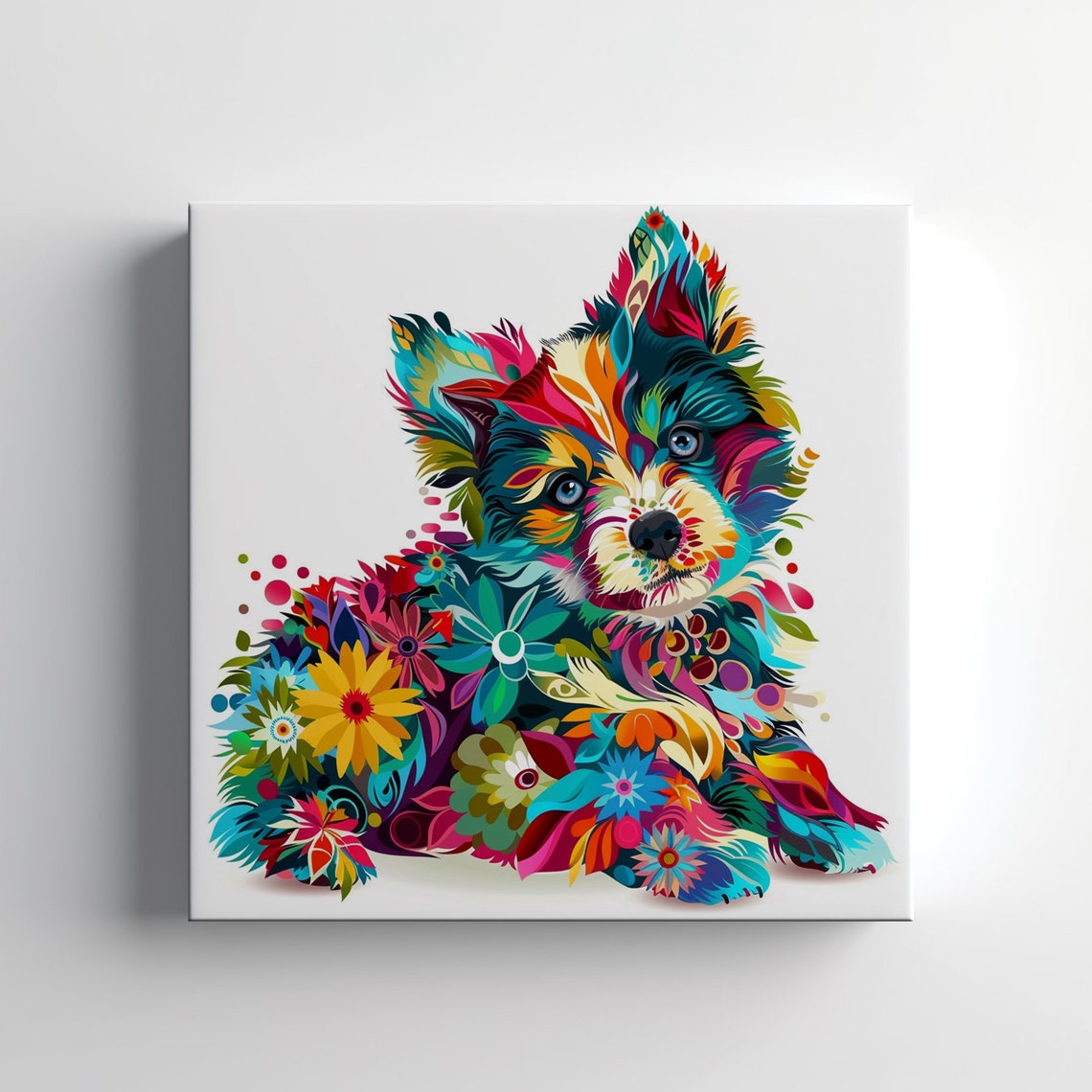 Colourful Siberian Husky Puppy Dog Floral Print Gift For Dog Lover Vibrant Colourful Dog Portrait Print Unique Dog Pet Wall Art