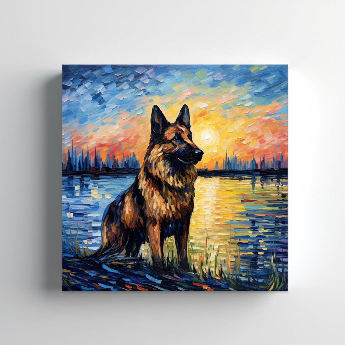 German Shepherd Dog By The Lake At A Fiery Sunset Painting Poster - Image 3