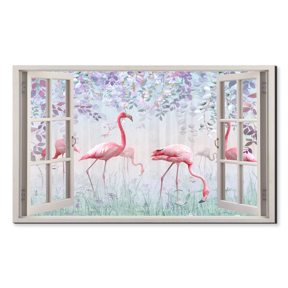 Pink Flamingos Marsh Through Open Window View Elegant Bird Poster