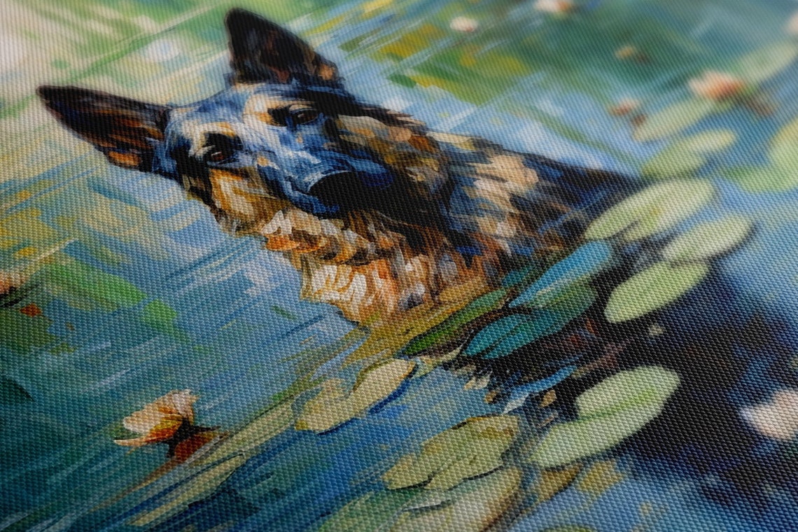 German Shepherd Dog Swimming In A Lily Pond Painting Art Poster - Image 4