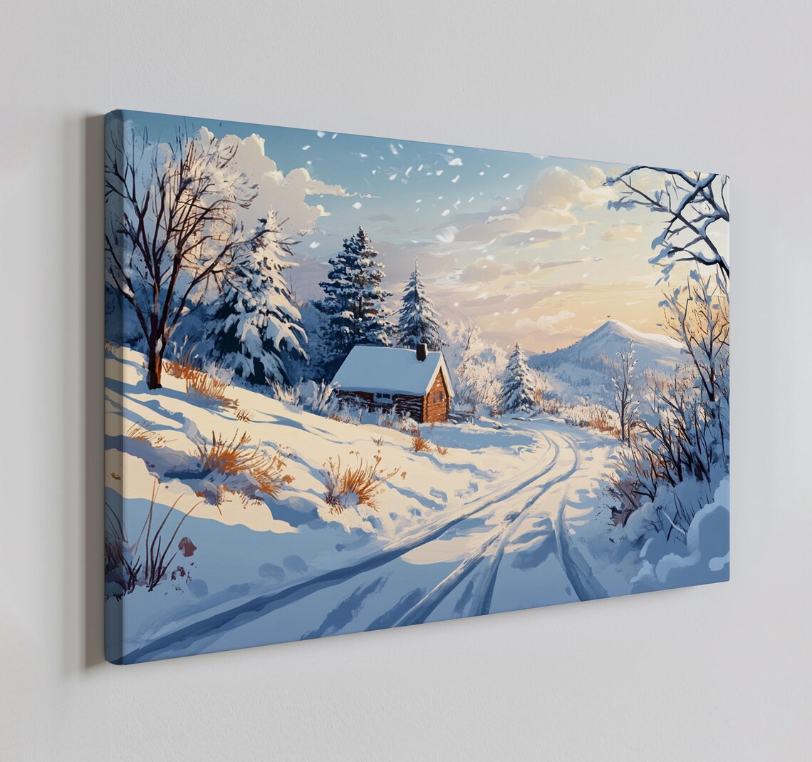 Cozy Log Cabin Snowy Mountain Valley Golden Hour Winter Scene Poster