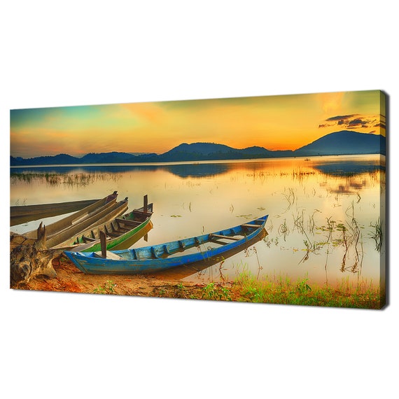Stunning Sunset Over Lak Lake Boats Modern Design Home Decor Print Wall Art Picture