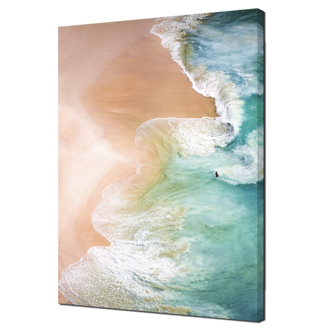 Aerial Beach Waves Sand Meets Turquoise Water Lone Surfer Ocean Print