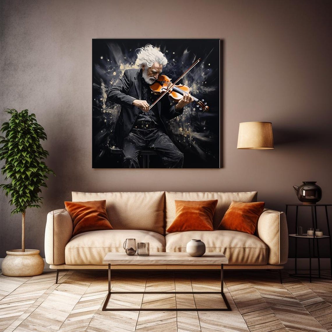 Old Violinist Seated Black Suit Classical Bow Music Art Poster - Image 4
