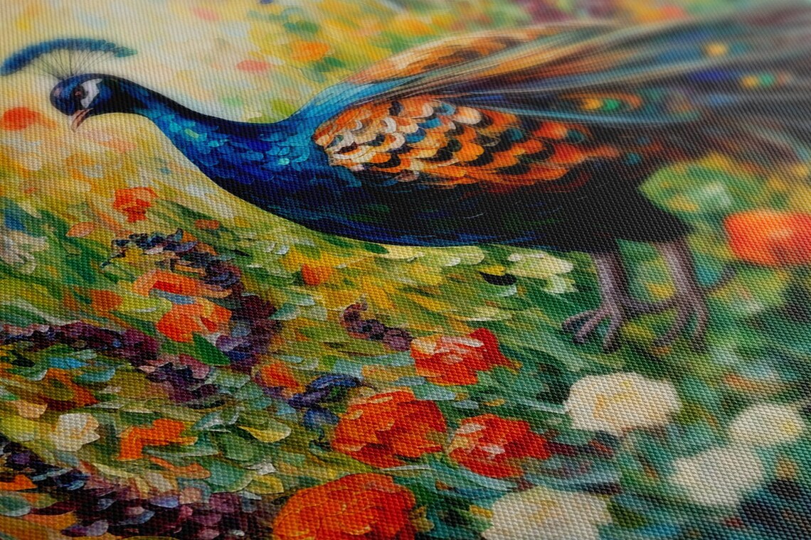 Majestic Peacock in Colorful Flower Garden Impasto Oil Painting Poster - Image 2