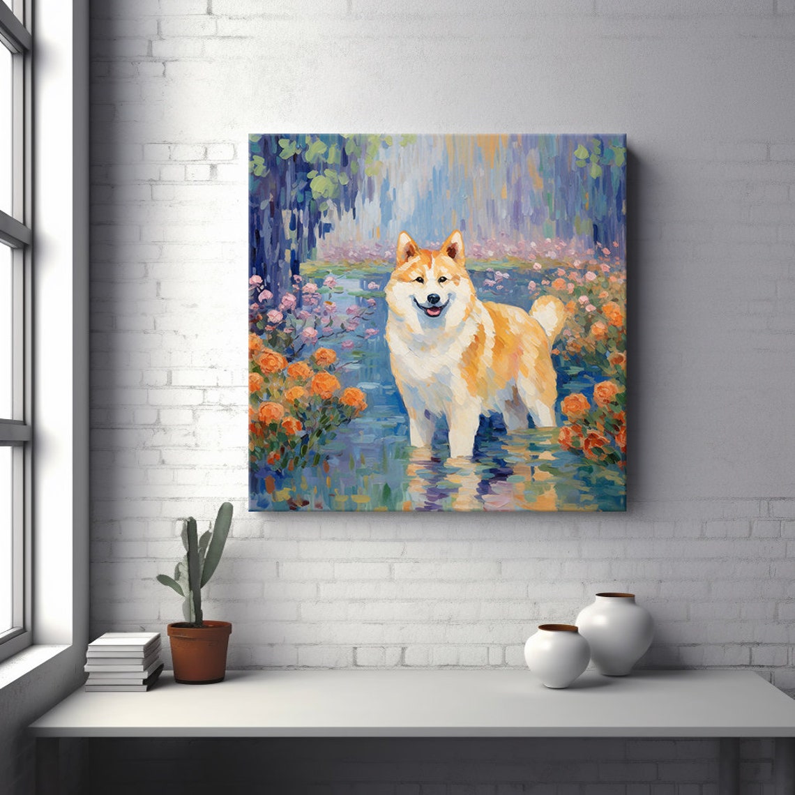 Akita Dog Portrait In Flower Pond Lily Pads Painterly Dog Poster - Image 2